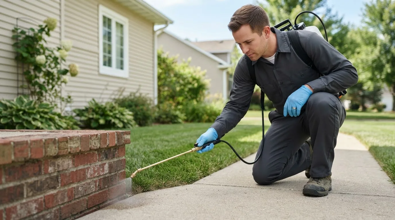 Pest control technician treating a home near Grimesland, NC
